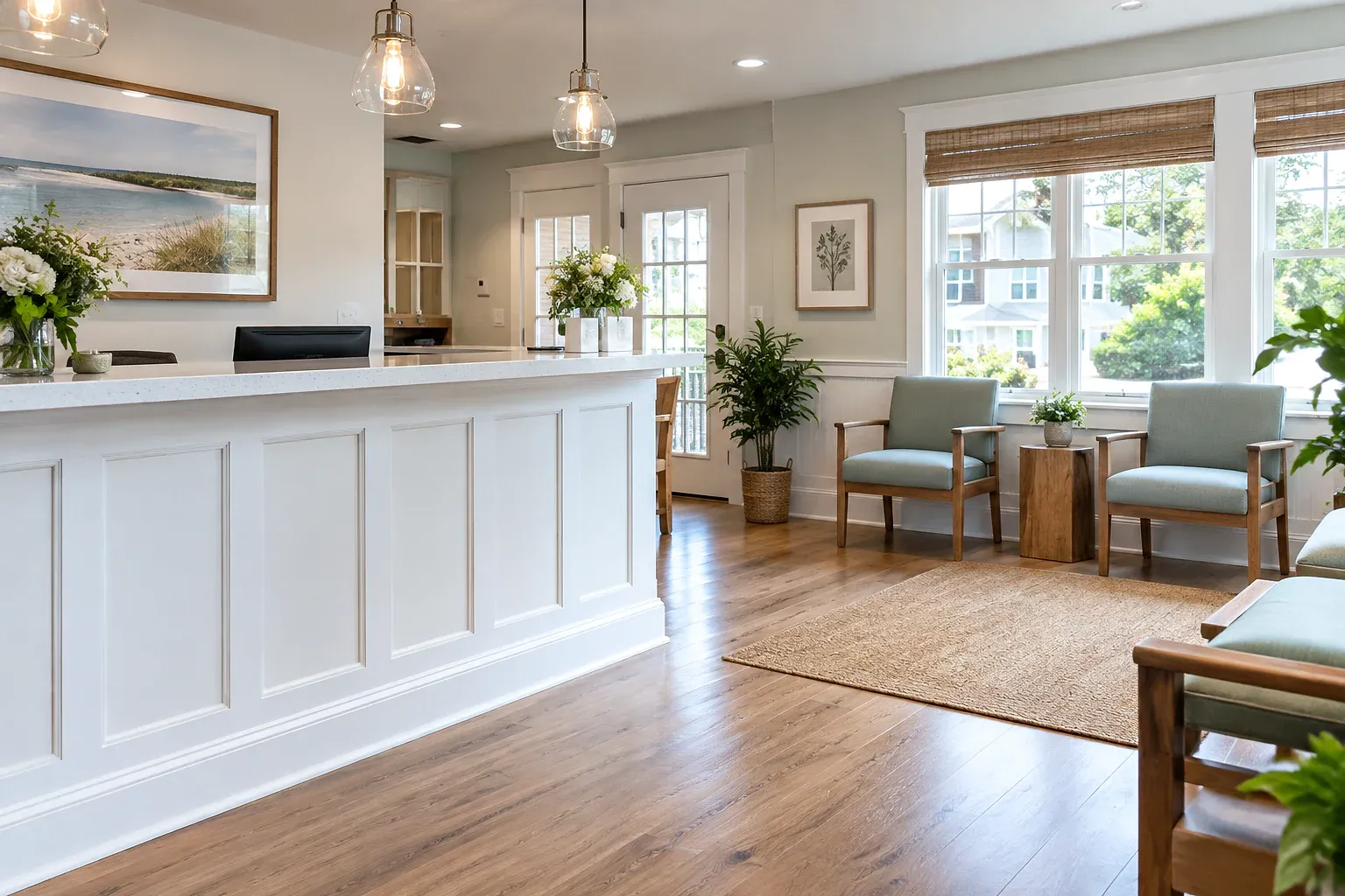 A tidy small office reception area with clean floors, desks and counters.