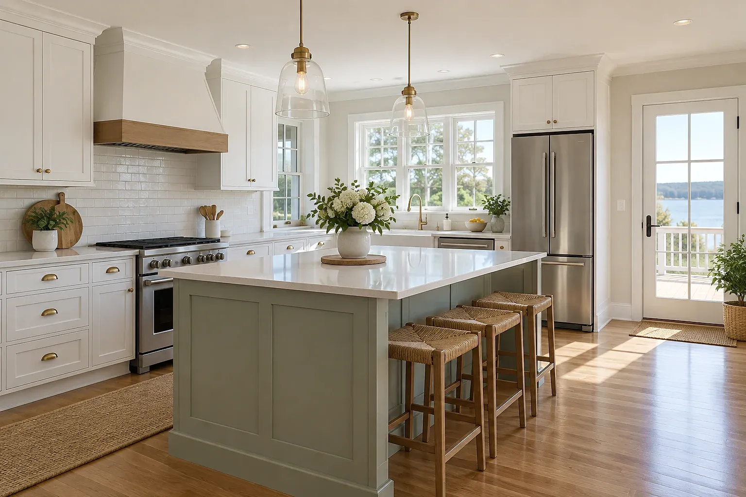 A freshly finished kitchen with a clean island, white cabinetry and polished floors.